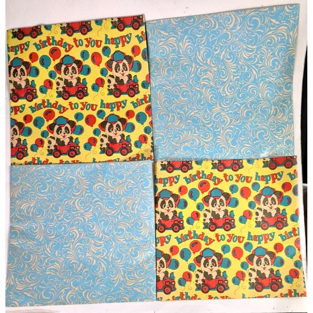 Vtg Happy Birthday Wrapping Paper - Panda Bears & Balloons & Blue/White Floral